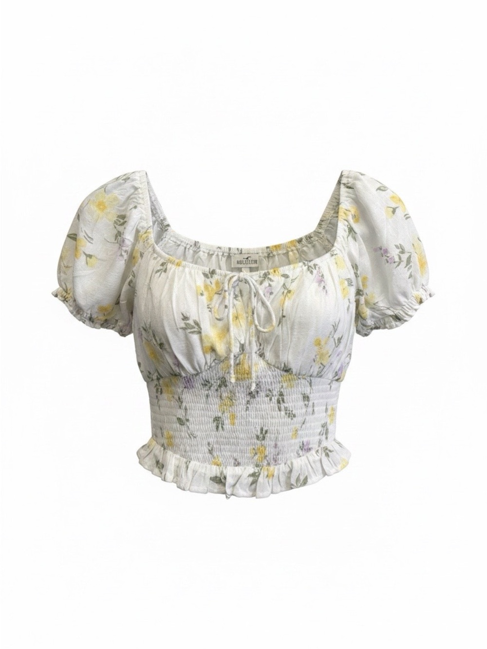Hollister White Floral Smocked Crop Top with Yellow Accents